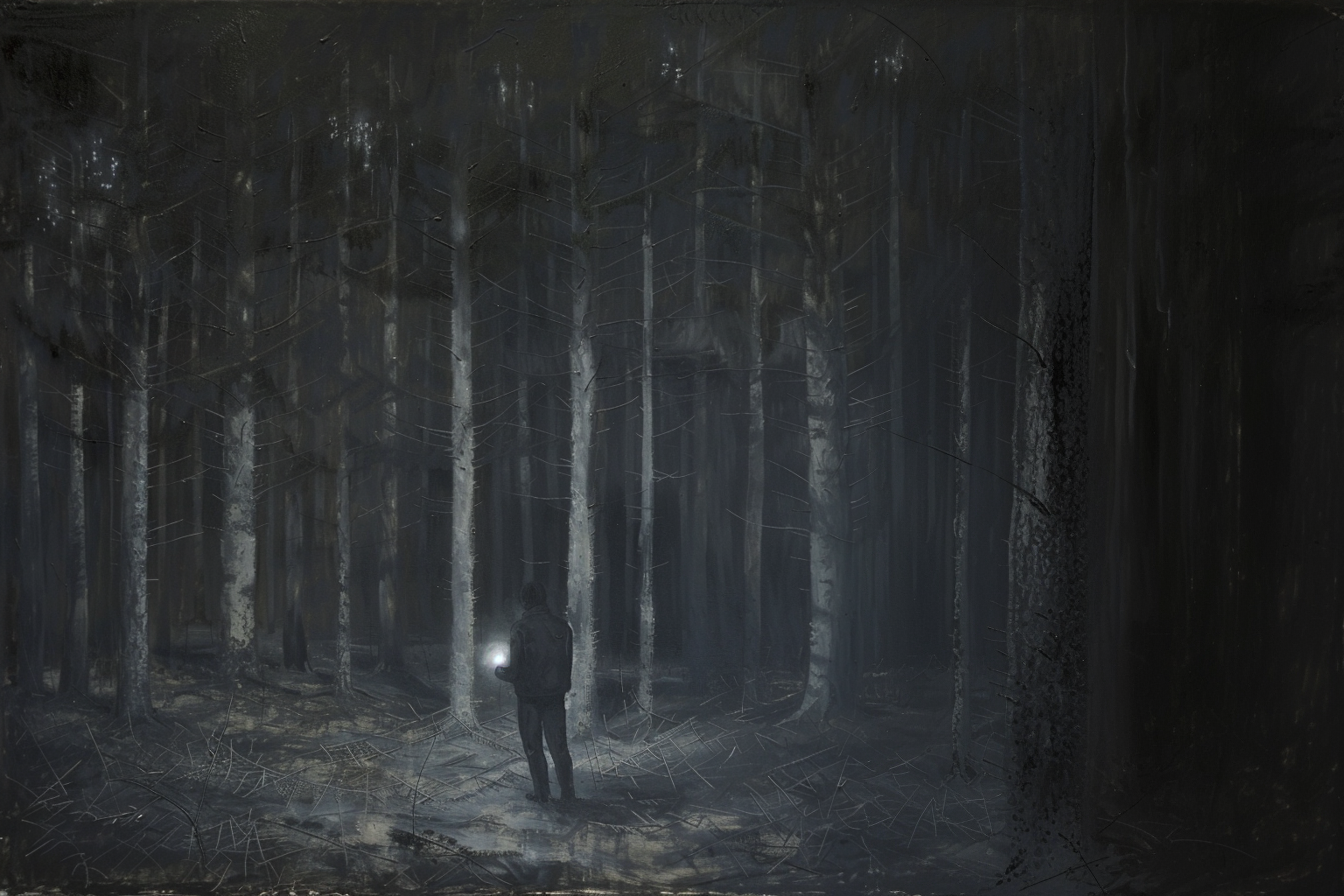 An empty pine forest over a bed of needles. It is pitch black, the dead of night. A single male figure, young and frightened, illuminates the forest in front of him with a dim cell phone flashlight, revealing little.