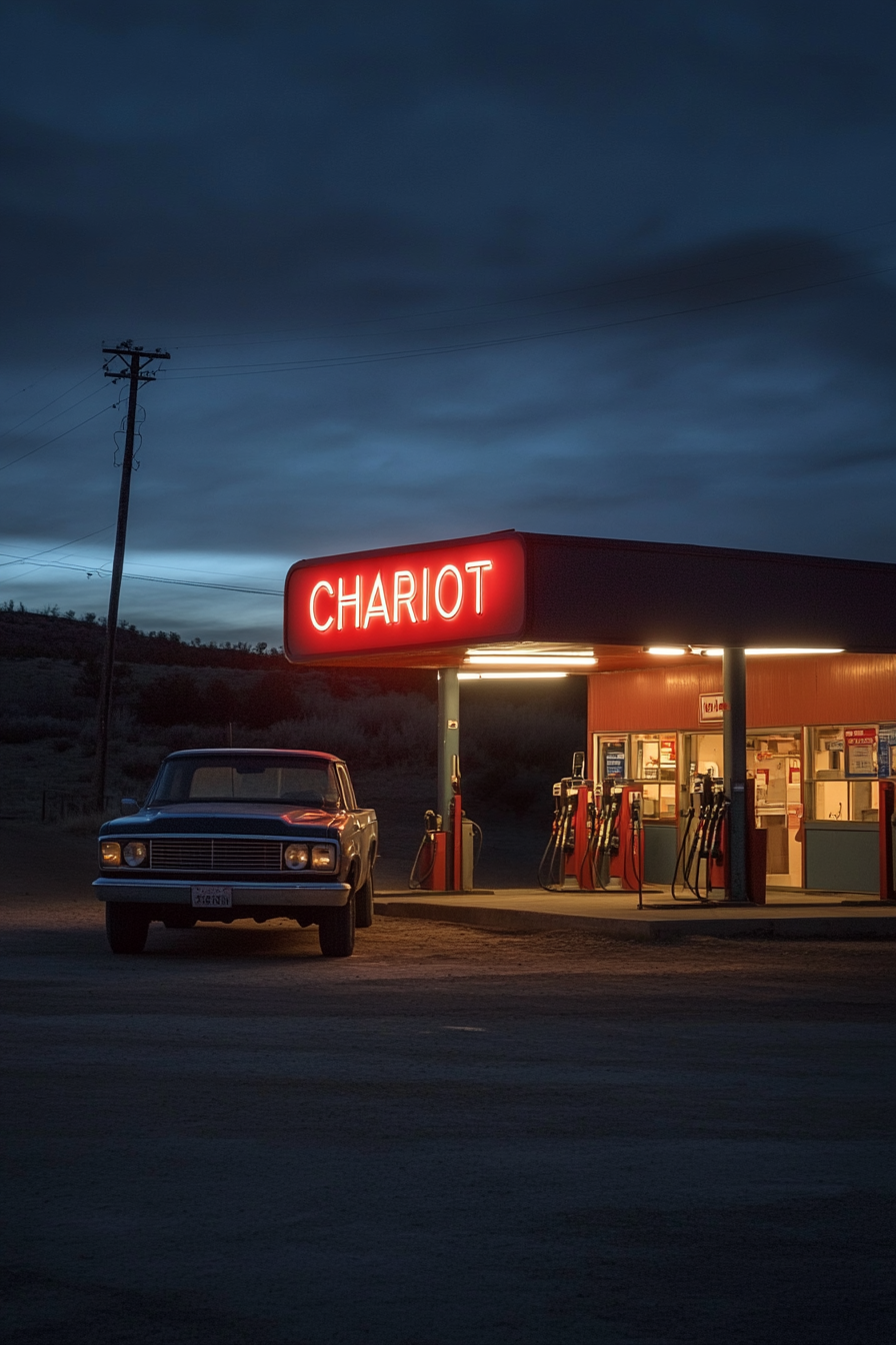 A dilapidated gas station on the edge of town. The red letters of the neon sign read 'Chariot'. A single rusty pickup truck is parked outside. It doesn't seem like anyone could even work at a place like this, but the lights are on.