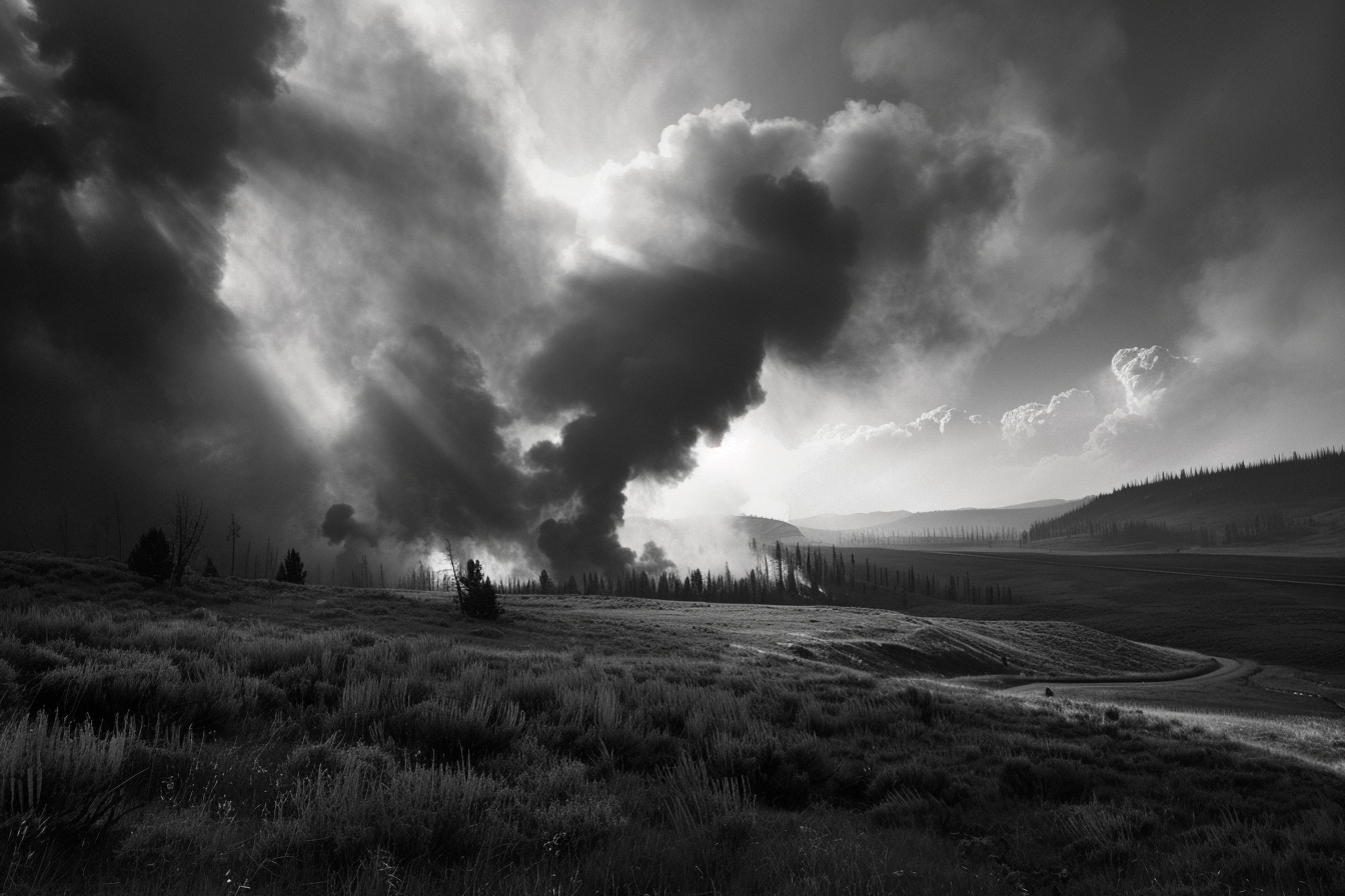 A black-and-white depiction of rising smoke from a nearby forest.